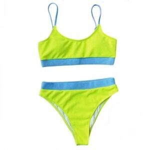Women 2 Piece Swimsuit S Neon Lime Green Blue Trim Scoop Neck High Cut Bikini